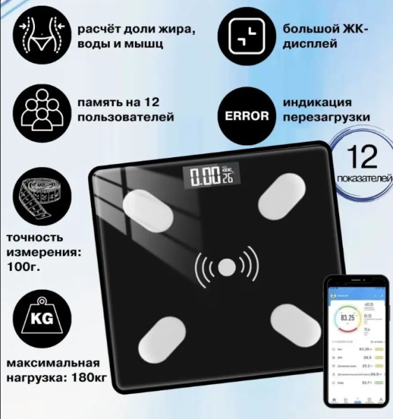 Умные напольные весы Bluetooth Smart Scale (12 показателей тела) / Весы с приложением до 180 кг.